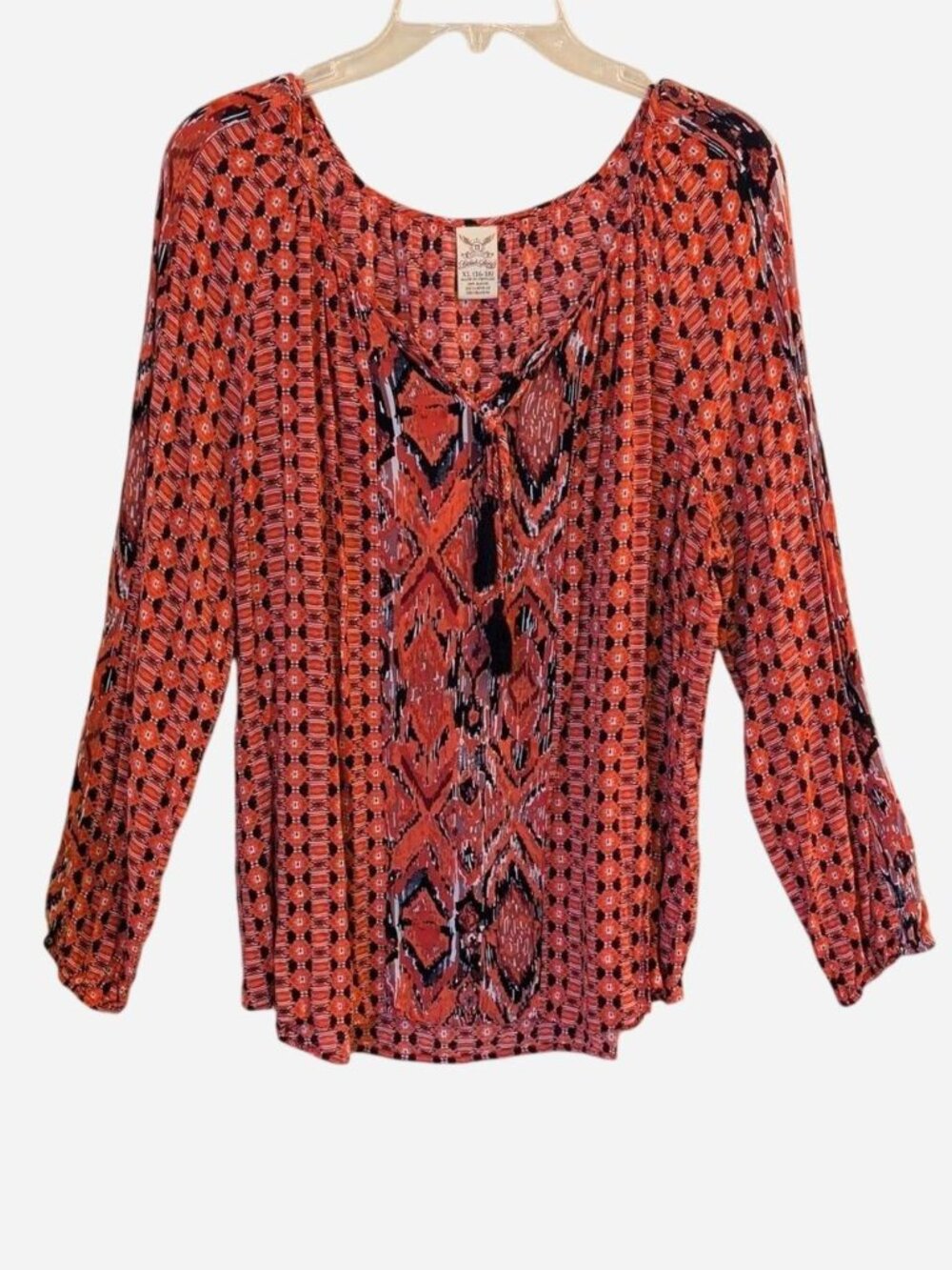 Faded Glory Coral Pink Patterned Tie-Neck Blouse Size XL
